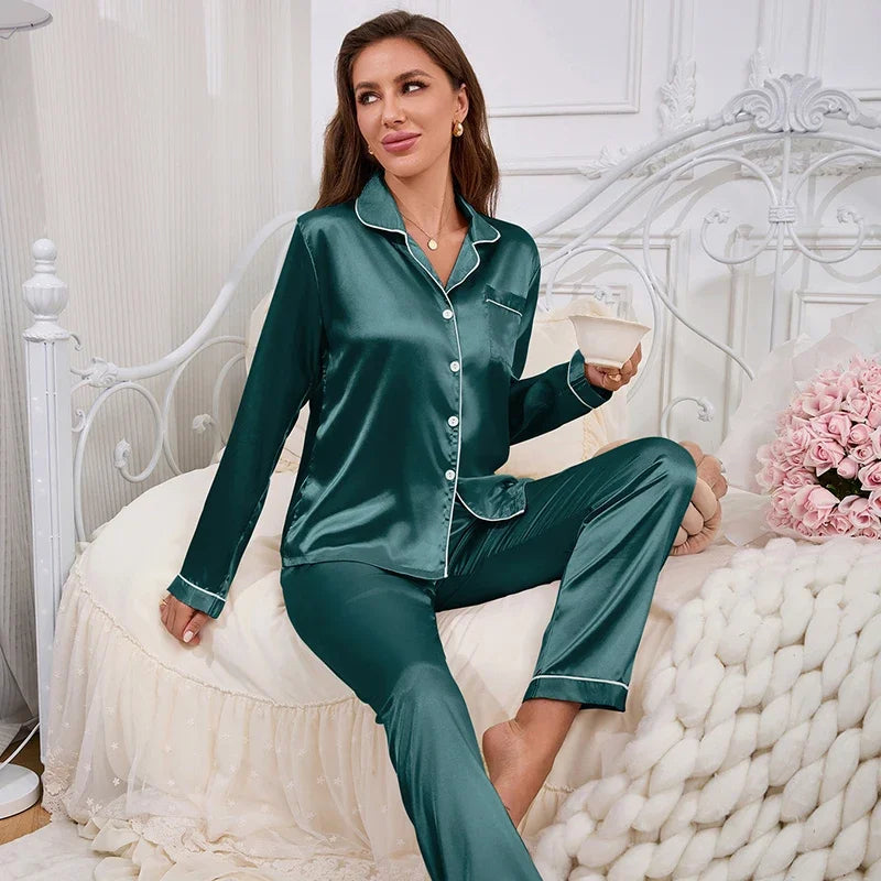 Autumn Women's Satin Pajama Set | Luxurious Long Sleeve Lapel Top & Pants Sleepwear Loungewear