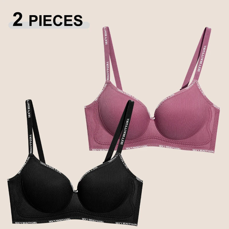 2Pcs Women’s Seamless Bra Set Solid Color Wireless Push Up Deep V Neck Letter Strap Underwear