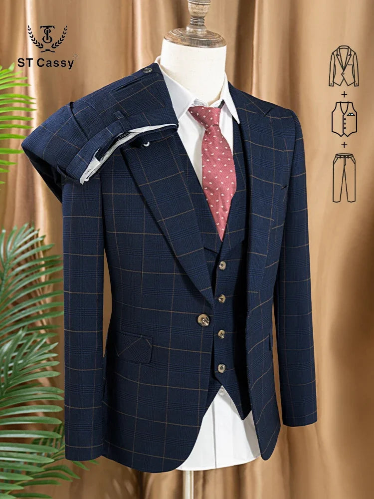 ST Cassy Men's 3-Piece Checkered Suit – Dark Blue Business, Wedding & Formal Outfit