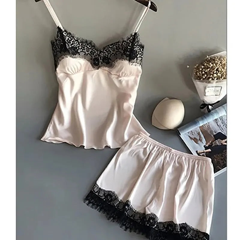 Women’s Pajama Suit – Fashion V-Neck Stretch Satin Babydoll, Lace Sexy Lingerie Bowknot Sleep Shorts Set