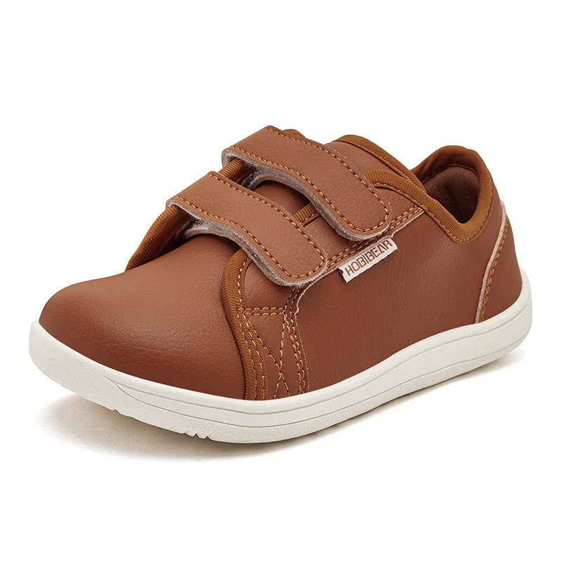 HOBIBEAR Kids Barefoot Shoes | Wide Toe Minimalist Leather Sneakers with Hook & Loop Closure
