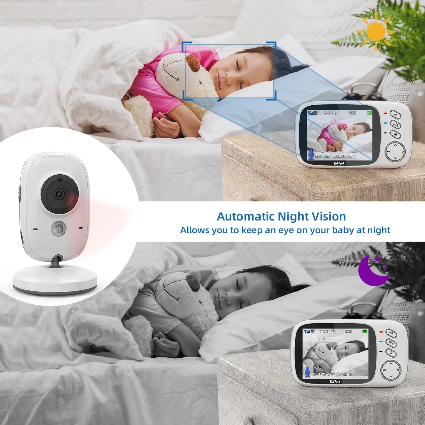 TakTark 3.2” Wireless Video Baby Monitor – Night Vision, Two-Way Intercom, Temperature Monitoring, Nanny Surveillance Camera