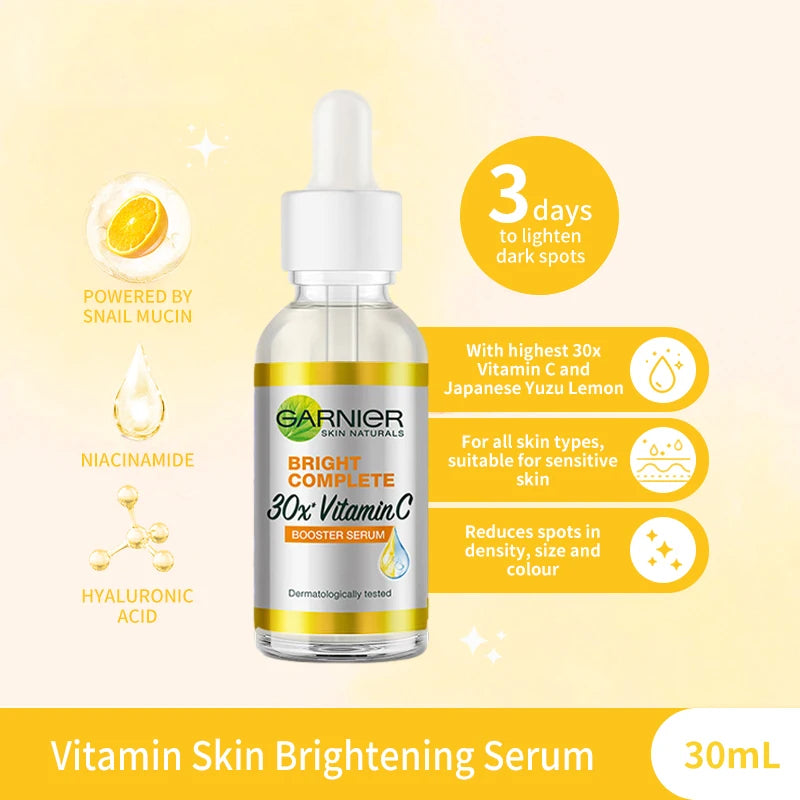 Garnier Bright Complete 30x Vitamin C Serum – Niacinamide Booster Essence for Whitening, Acne Mark Fading & Skin Repair (30ml)