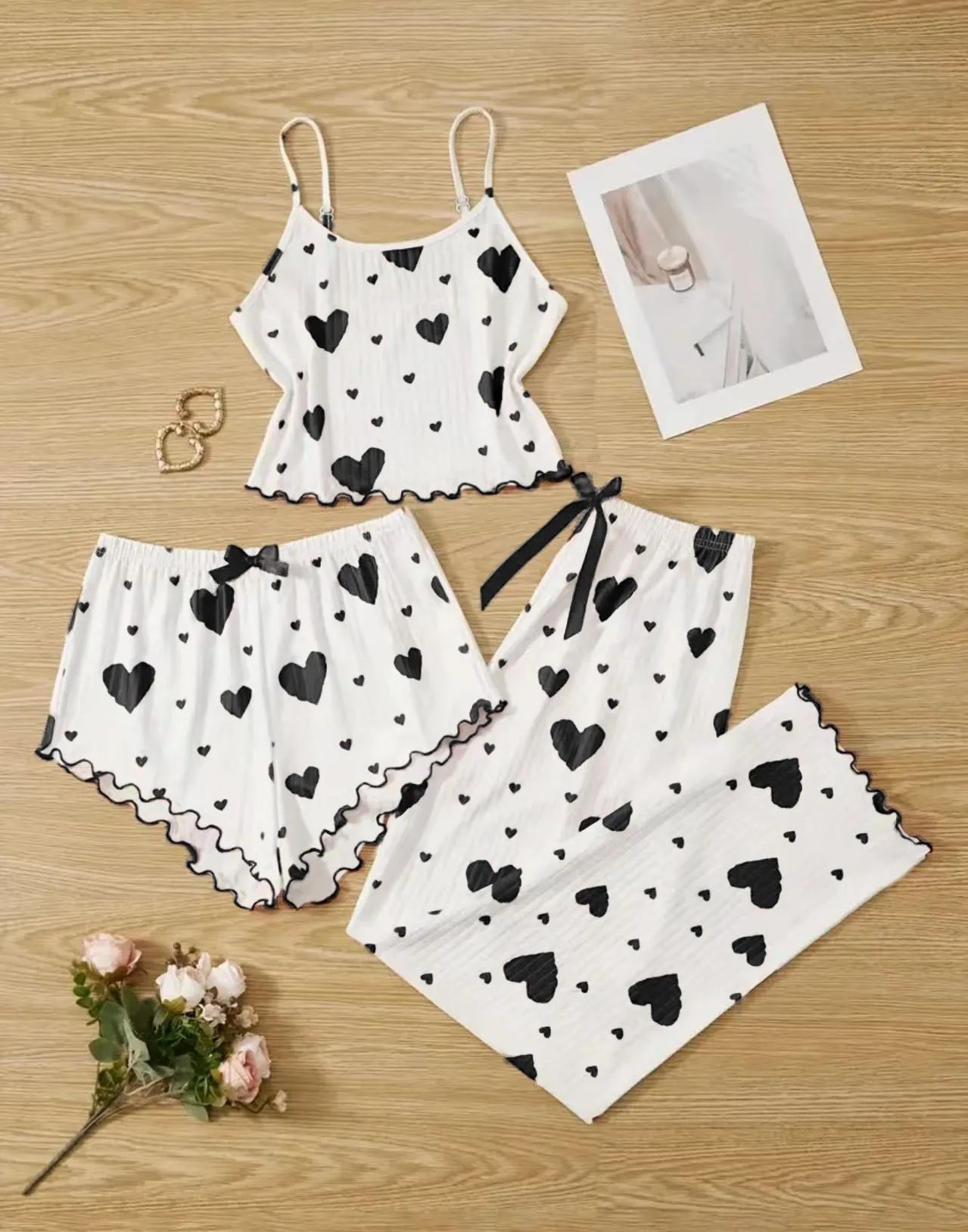 Women’s Autumn Winter Sleepwear Set — Heart Print Cami Vest & Long Pants | Sexy Lingerie Pyjamas