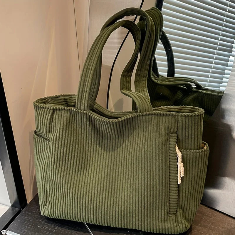 Women’s Corduroy Handbag • Large Capacity Shoulder Bag with Zipper • Casual Solid Color Tote for Daily & Commuter Use