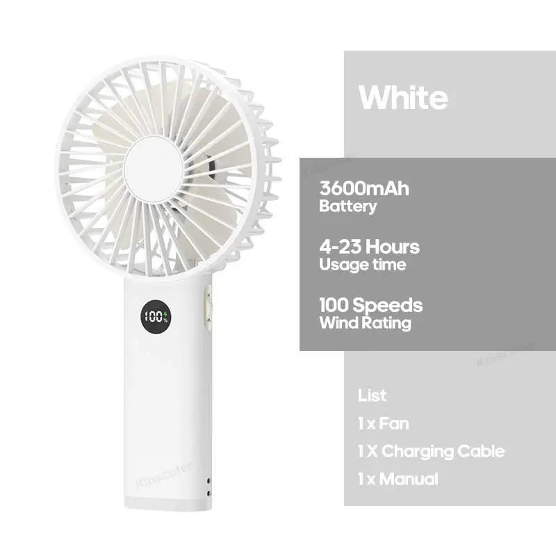 Handheld Personal Fan – Portable USB Mini Fan with 3600mAh Rechargeable Battery, Stepless Speed Control, Display & Nightlight
