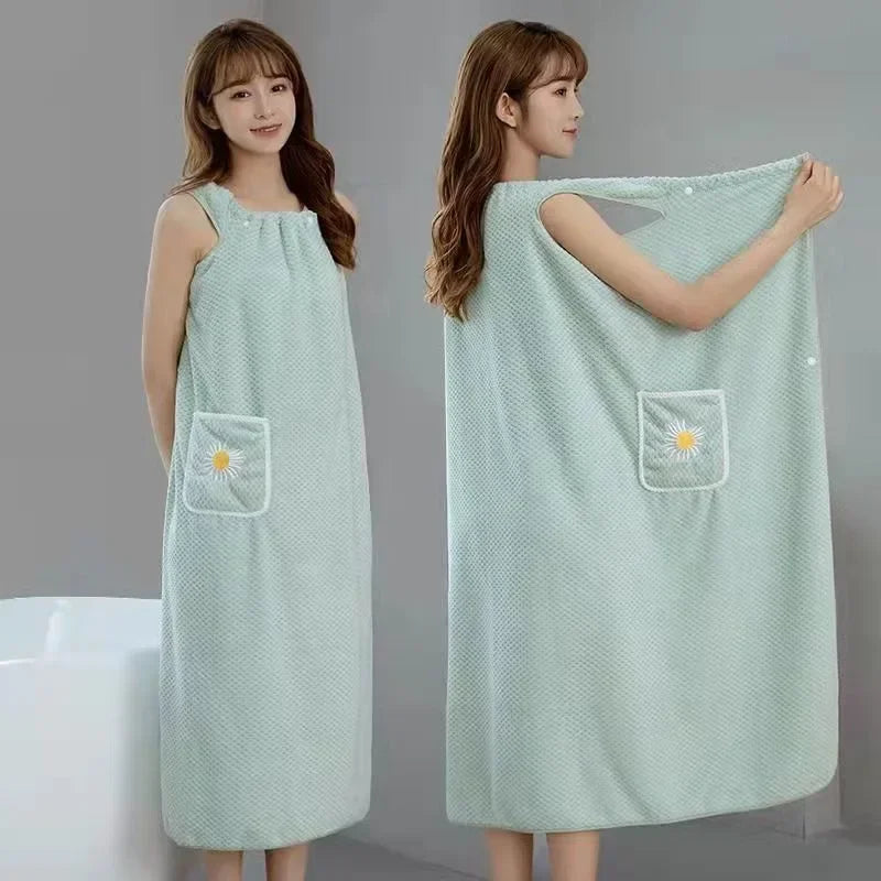 Wearable Bath Towel for Women - Absorbent Polyester Wrap Skirt Long Style Washable Bathroom Bathrobe