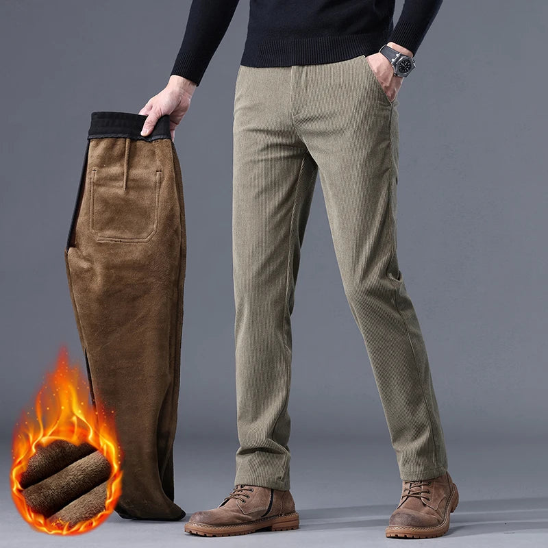 Men's Corduroy Casual Pants – Fleece-Lined Thick Stretch Business Trousers Winter Thermal