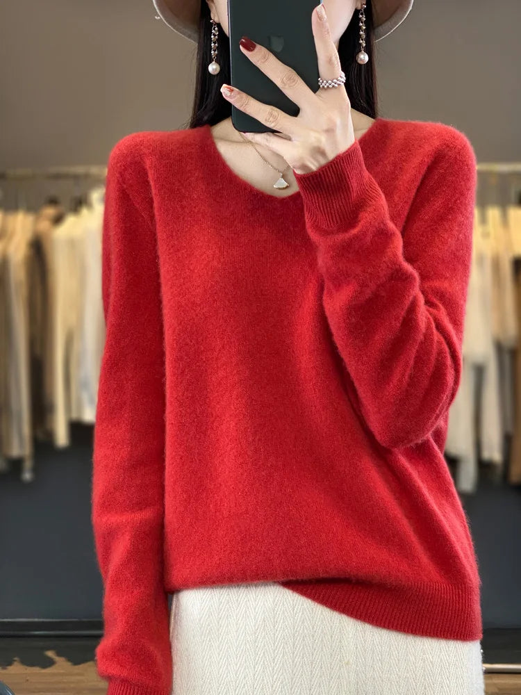 Fashion 100% Merino Wool Cashmere V-Neck Sweater Women Long Sleeve Autumn Winter Knitwear