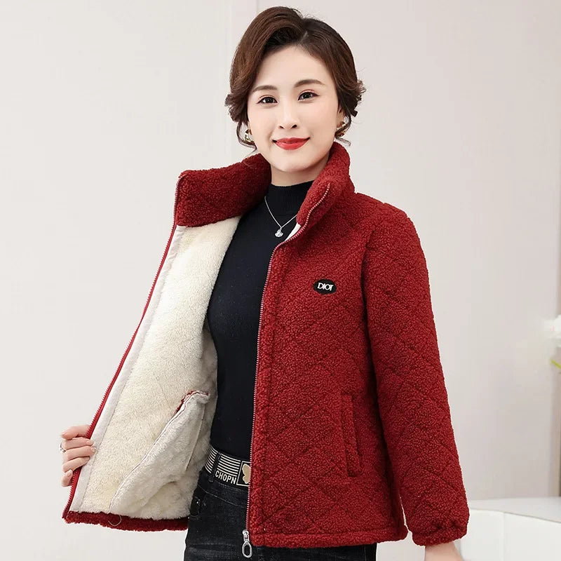 Middle-Aged & Elderly Women's Fleece-Lined Wool Sweatshirt Stand Collar Cardigan Winter Jacket