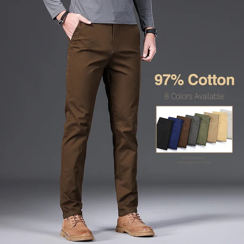 97% Cotton Men's Casual Pants | Autumn Fashion Comfortable Elastic Slim Straight Business Trousers | Black, Army Green, Khaki
