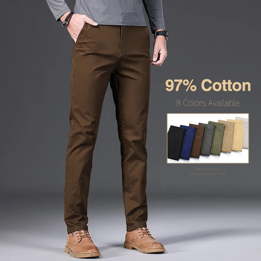 97% Cotton Men's Casual Pants | Autumn Fashion Comfortable Elastic Slim Straight Business Trousers | Black, Army Green, Khaki