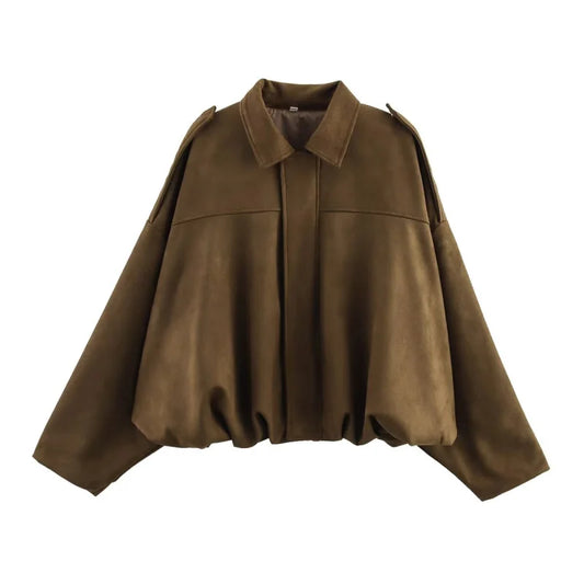 ETJ 2025 Spring Women's Suede-Texture Loose Lapel Shoulder Bomber Jacket