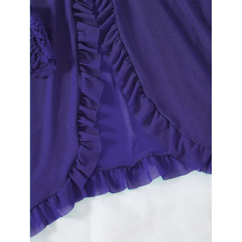 Summer Women's Sexy Sleepwear Set | Lace Sheer Backless V-Neck Nightdress with Thong | Soft Solid Color Pajamas