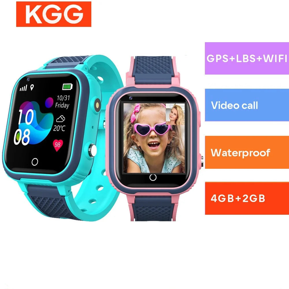Two children's smartwatches with features listed on a white background, including KGG branding.