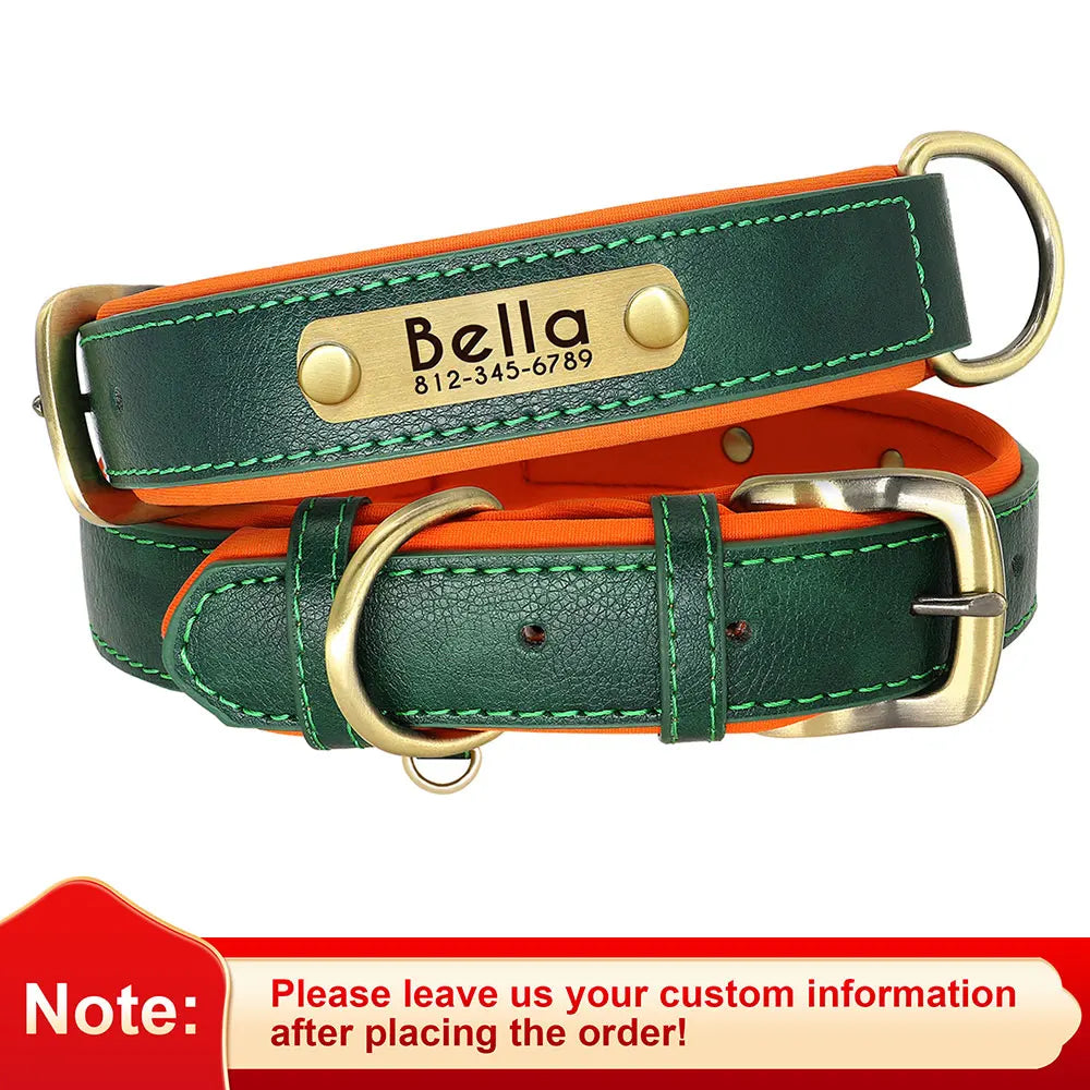 Custom PU Leather Dog Collar – Soft Padded with Engraved Nameplate, Adjustable for Small, Medium & Large Dogs