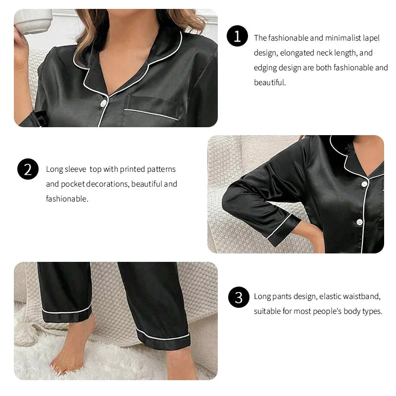Women's Autumn Satin Pajama Set | Long Sleeve Button Lapel Top & Pants 2-Piece Comfortable Sleepwear