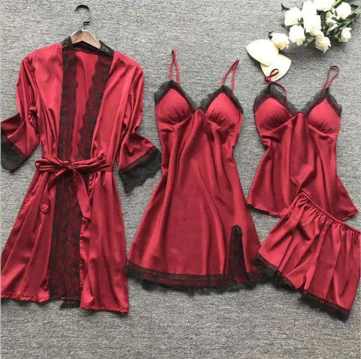 Women's 4-Piece Sleepwear Set | Comfortable Tank Top & Robe | European Style Homewear with Chest Pad