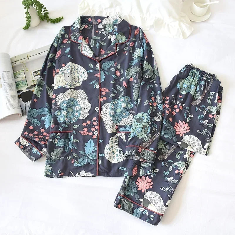 Two Piece Pajama Set for Women | Long Sleeve Viscose Cotton Sleepwear Suit | Spring & Autumn Home Clothes