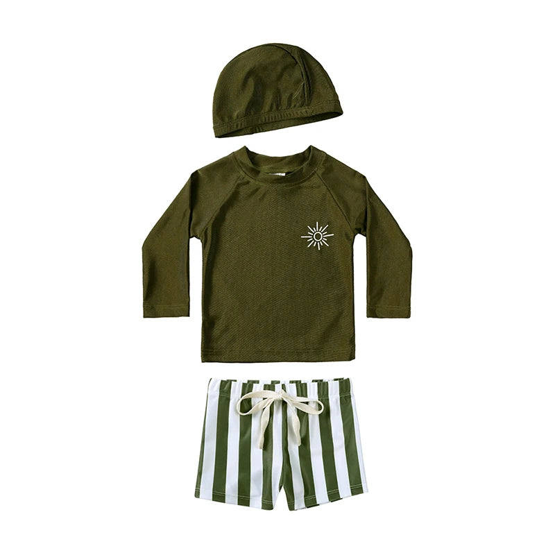 2025 Kids Boys Sun Protection Swimsuit Set Long Sleeve Tops Beach Pants Hat 1-7T