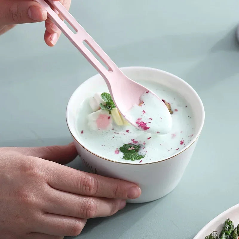 مجموعة أدوات مائدة محمولة من قش القمح مكونة من 3 قطع - أدوات مائدة سفر قابلة للفصل للتخييم والنزهات وتناول الطعام في الهواء الطلق