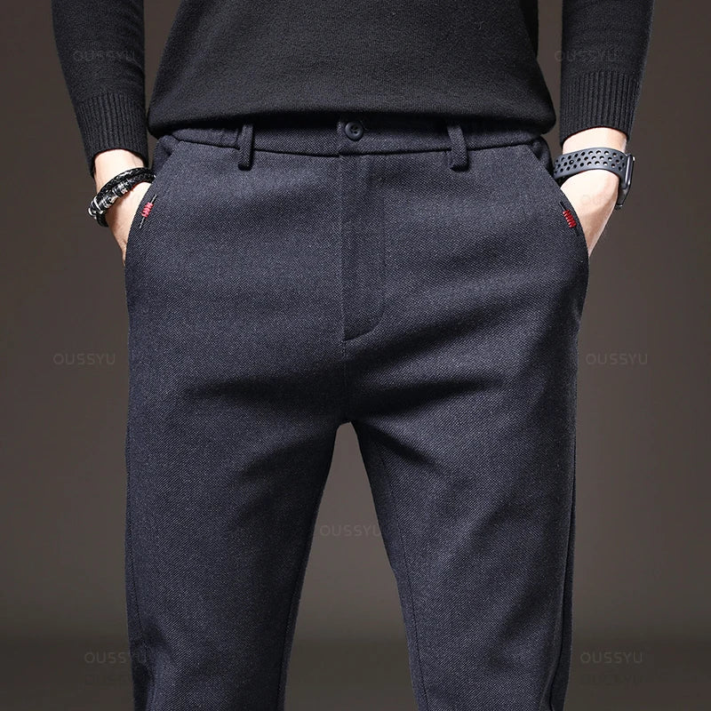 Men's Autumn Casual Pants – Slim Fit Elastic Waist Stretch Cotton Trousers Gray & Black
