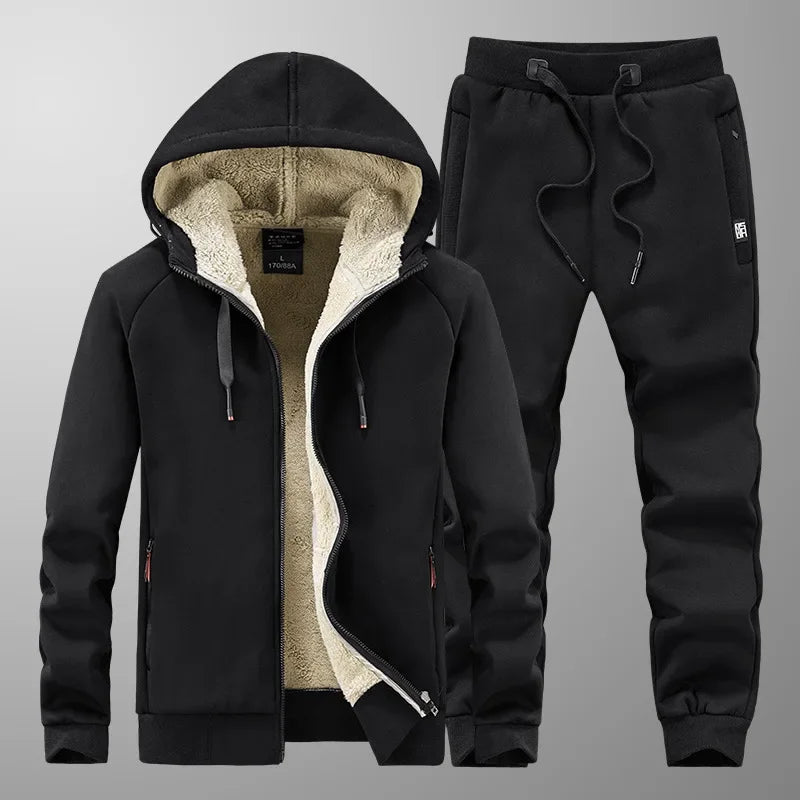 Men’s Winter Cashmere Fleece Tracksuit – Thick Warm Hooded Thermal 2-Piece Hoodie & Pants Set