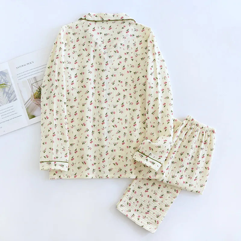 2025 Spring & Autumn Women's Pajama Set | 100% Cotton Crepe Long Sleeve Top & Pants | Cute Sweet Two-Piece Homewear