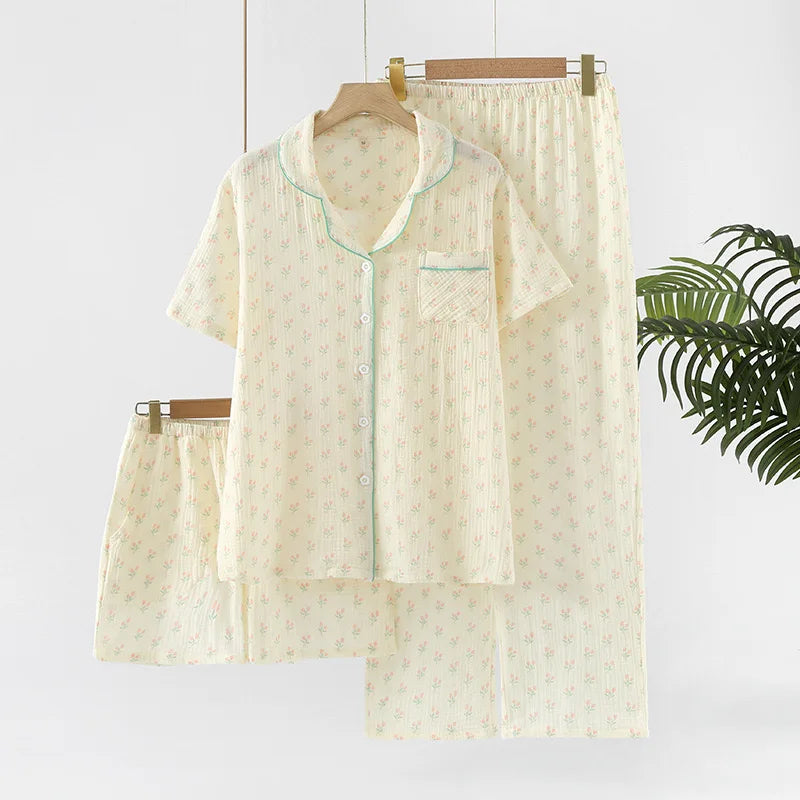 Summer Women's Pajama Set | 3-Piece 100% Gauze Cotton Sleepwear with Short Sleeve Top, Long Pants & Shorts