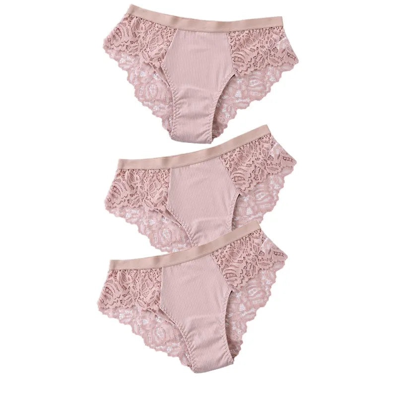 3Pcs Cotton Lace Panties for Women - Sexy Floral Briefs Underwear Lingerie Plus Size