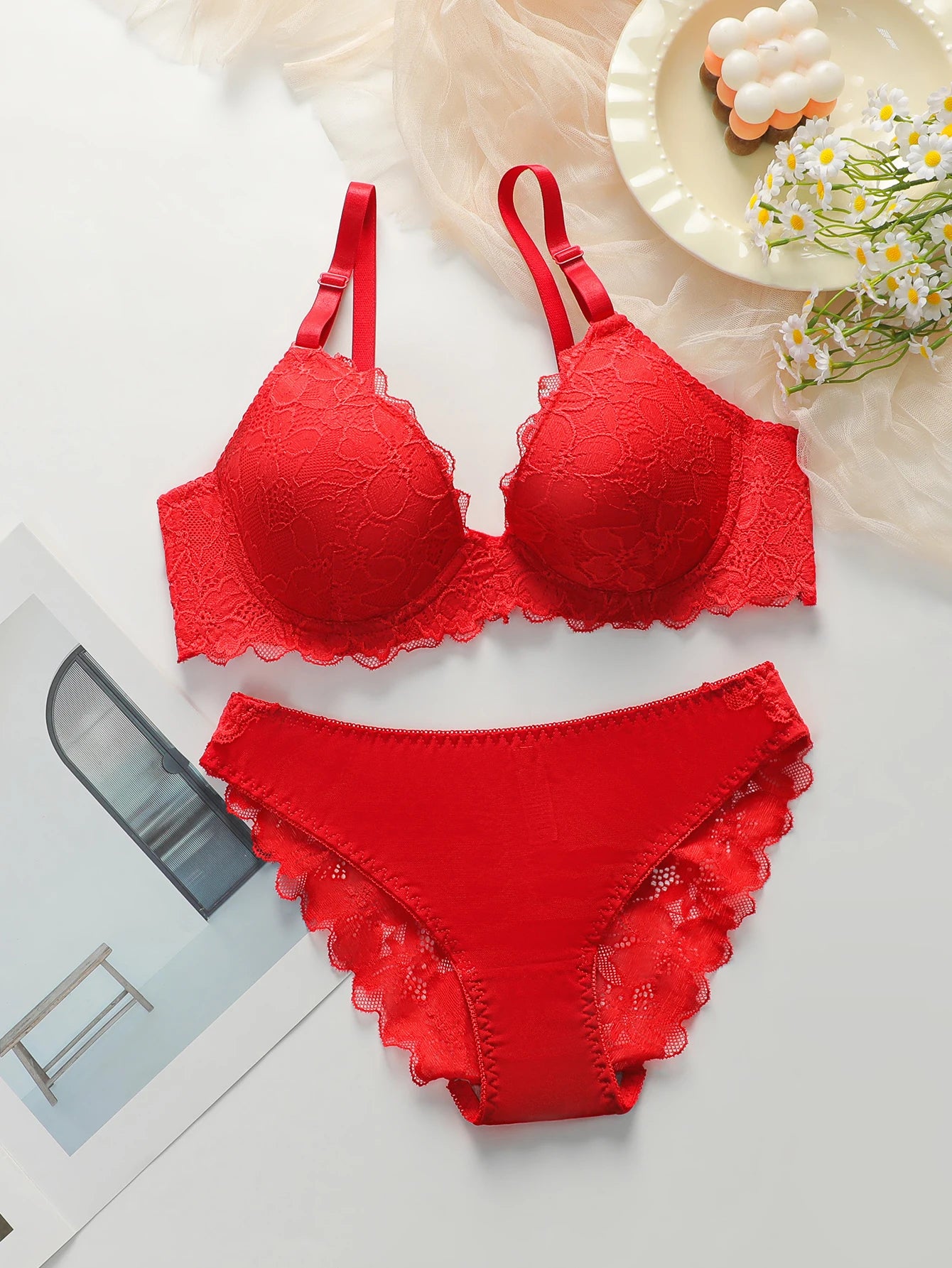 Red & White Lingerie 2-Piece Set – Lace Cotton Sexy Women's Underwear J3431