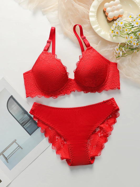 Red & White Lingerie 2-Piece Set – Lace Cotton Sexy Women's Underwear J3431