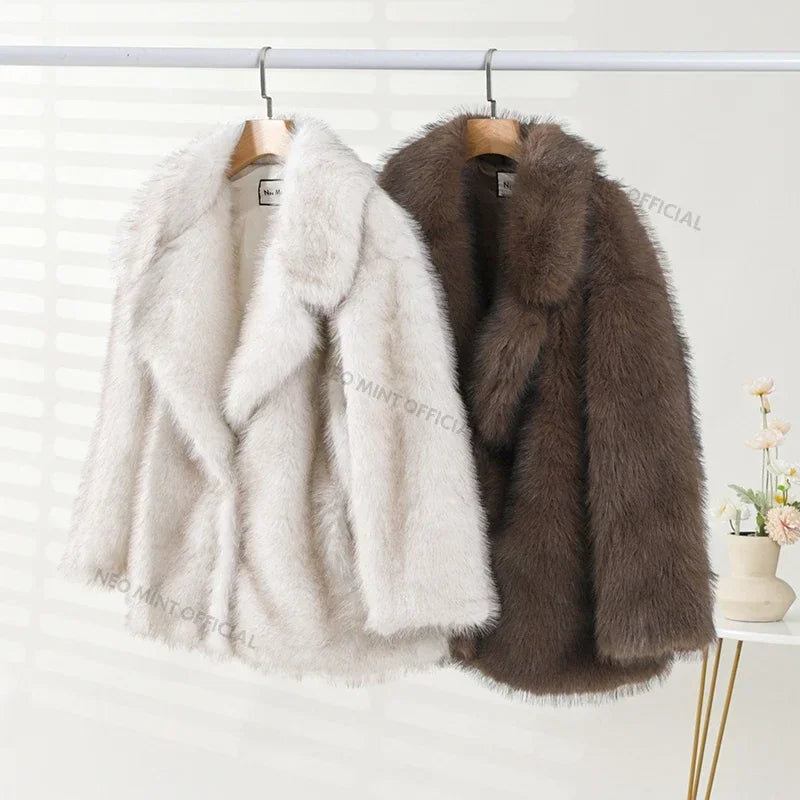 Neo Mint 2024 Winter Girls Oversized Gradient Faux Fox Fur Coat Thick Warm Fluffy Outerwear