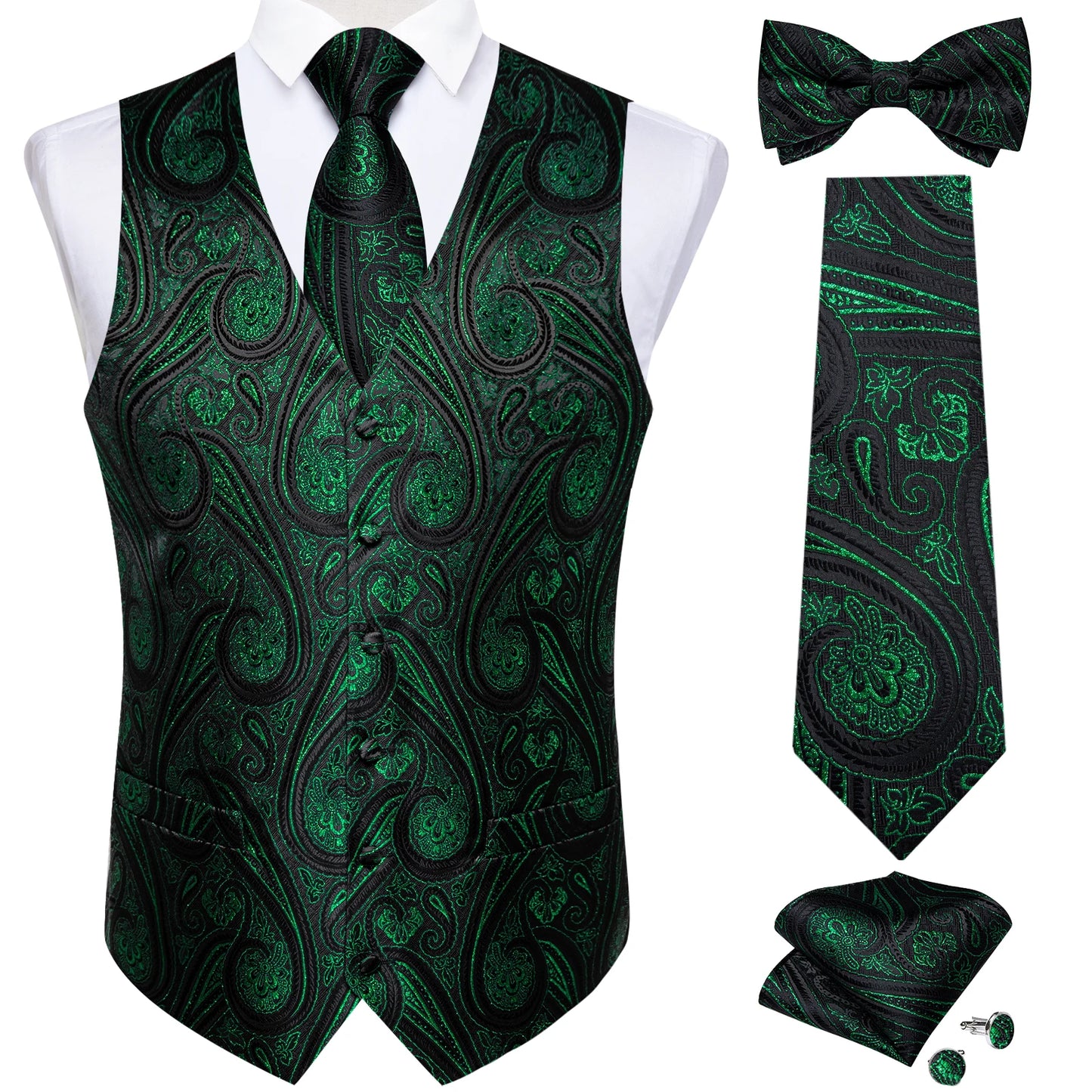 Men's Black Paisley Suit Vest with Necktie & Accessories – Formal Waistcoat for Wedding & Prom