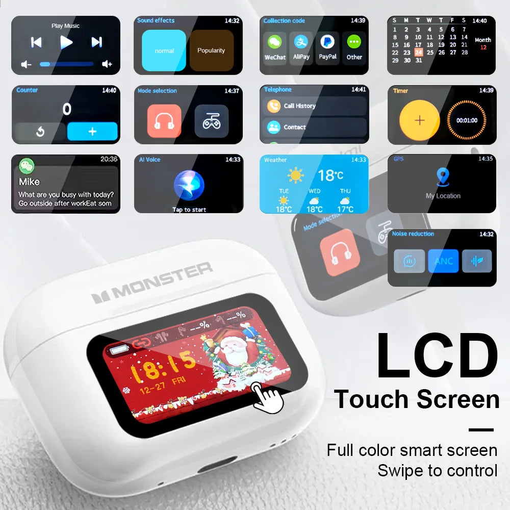 MONSTER TWS Wireless Bluetooth Earphones – HD Stereo Sound, LCD Touch Display, Sports In-Ear Headset with Charging Box