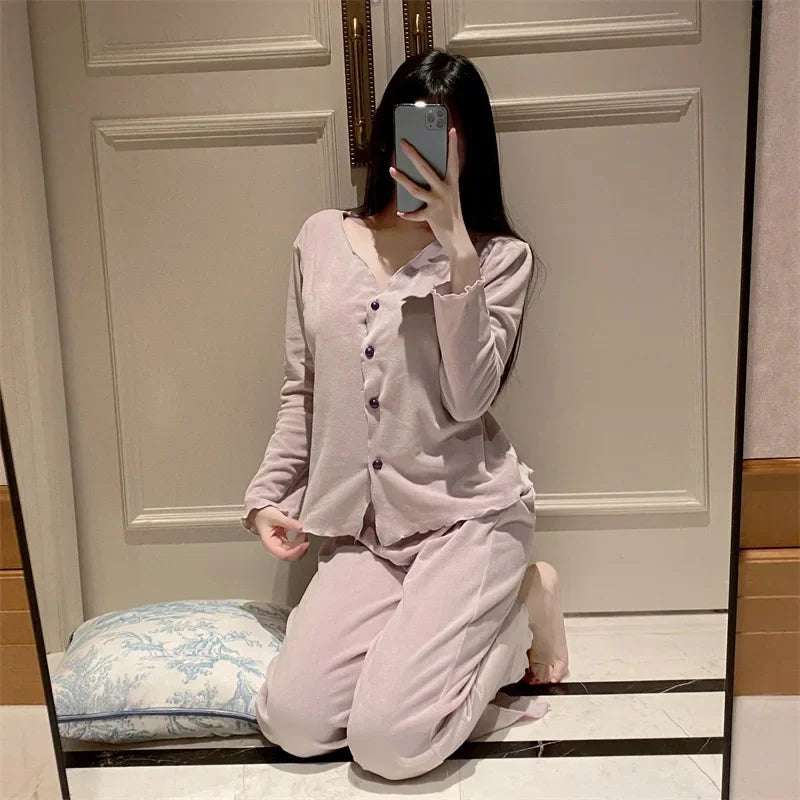 Women's V-Neck Flared Cardigan Pajama Set | Chest Pad & Fleece Pants Winter Plus Size Sleepwear