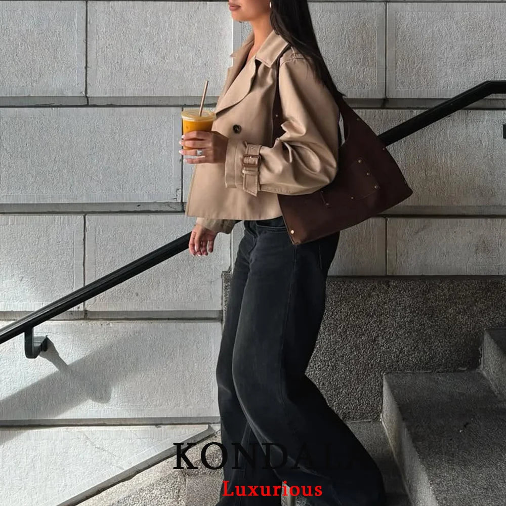 KONDALA Vintage Casual Chic Women’s Double-Breasted Turn-Down Collar Short Jacket 2025 Autumn