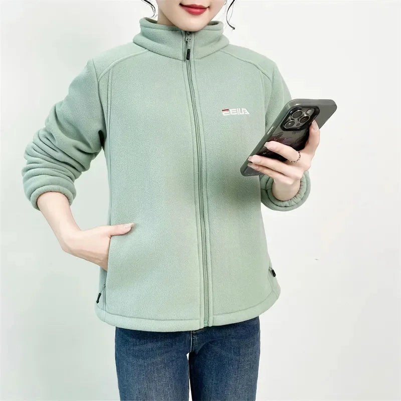 Women Stand Collar Polar Fleece Jacket Autumn Winter Loose Zipper Thickened Coat Large Size 5XL