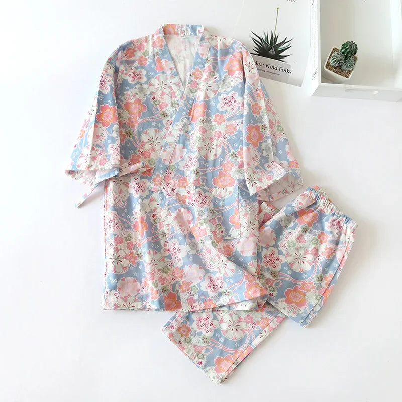 2025 Japanese Style Women's Kimono Pajama Set | 100% Cotton Gauze Seven Sleeve Two-Piece | Cute Spring & Autumn Homewear