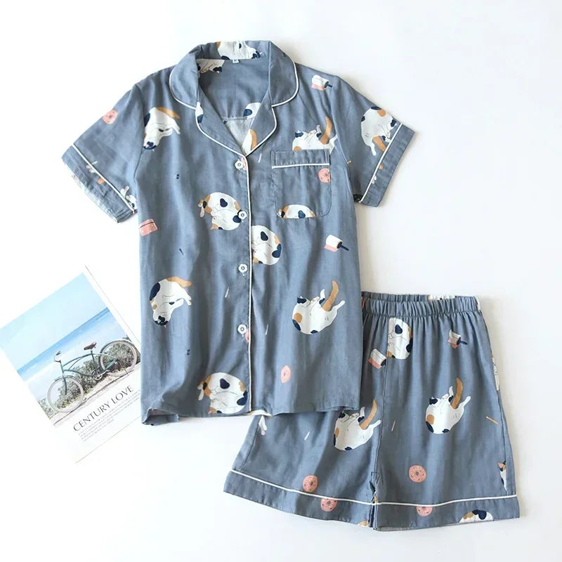 New 100% Cotton Short-Sleeved Pajama Set for Women | Cute Cartoon Japanese-Style Summer Sleepwear