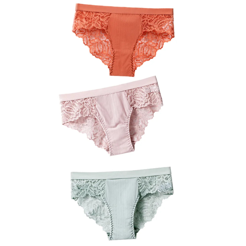 3Pcs Cotton Lace Panties for Women - Sexy Floral Briefs Underwear Lingerie Plus Size