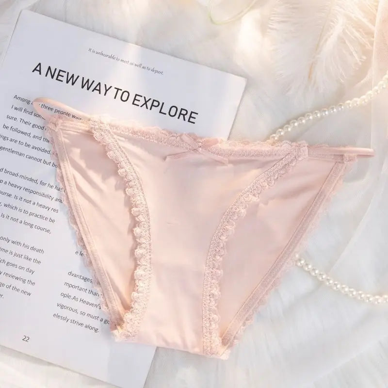 Ice Silk Women's Lace Low Waist Sexy Thong Panties Solid Color Bikini G-String Lingerie