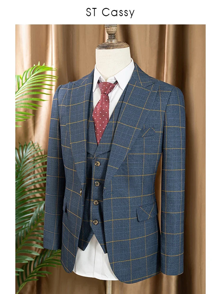 ST Cassy Men's 3-Piece Checkered Suit – Dark Blue Business, Wedding & Formal Outfit