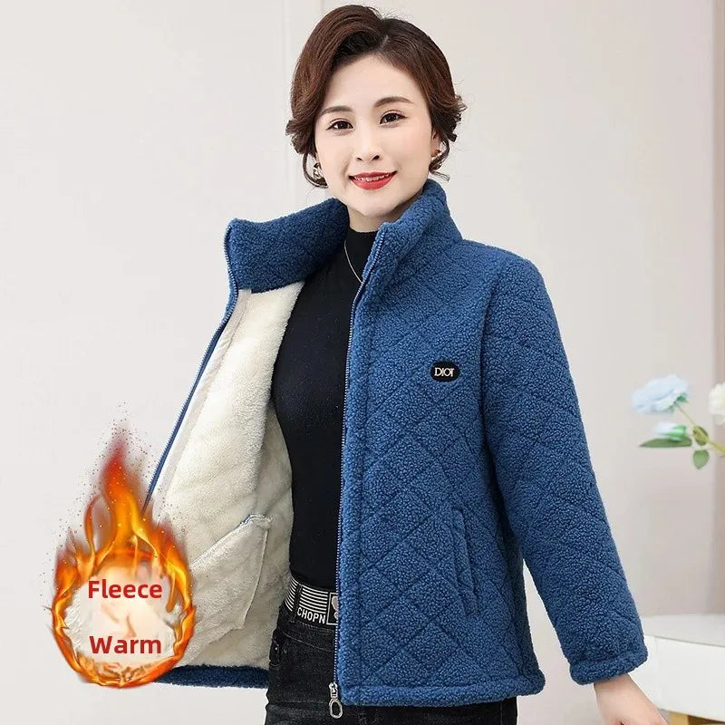 Middle-Aged & Elderly Women's Fleece-Lined Wool Sweatshirt Stand Collar Cardigan Winter Jacket