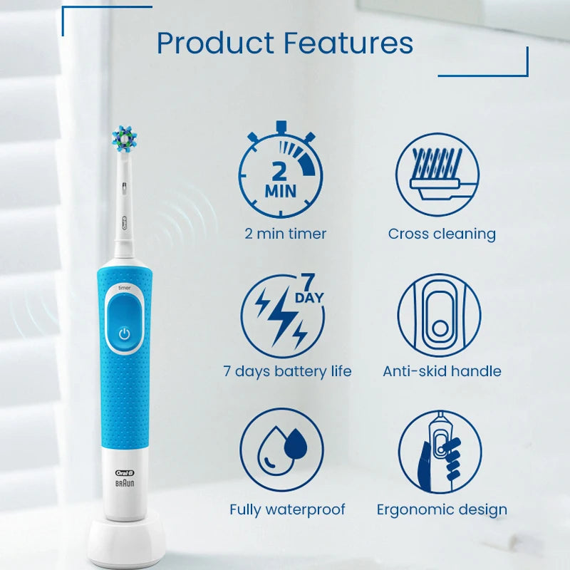 Oral-B D100 Electric Toothbrush • 2D Vitality Cleaning • Waterproof Rechargeable Toothbrush with Timer & Inductive Charger