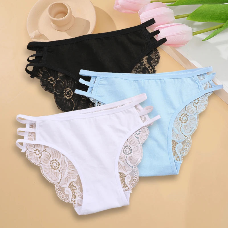 3PC Set Women's Sexy Lace Low Rise Hollow Out Floral Panties Transparent Soft Elastic Lingerie