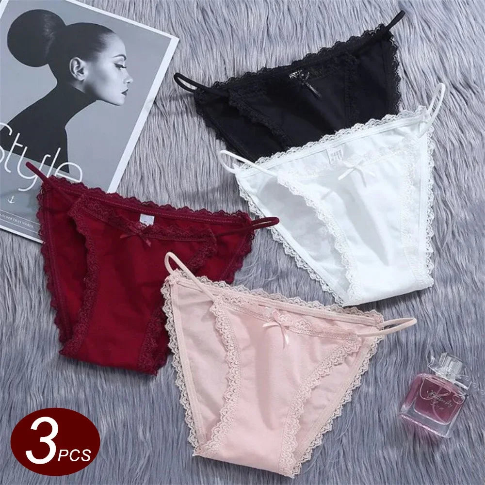 3PCS Women's Traceless Ice Silk Briefs Nylon Lace Trim Low Waist Breathable Cotton Crotch Panties