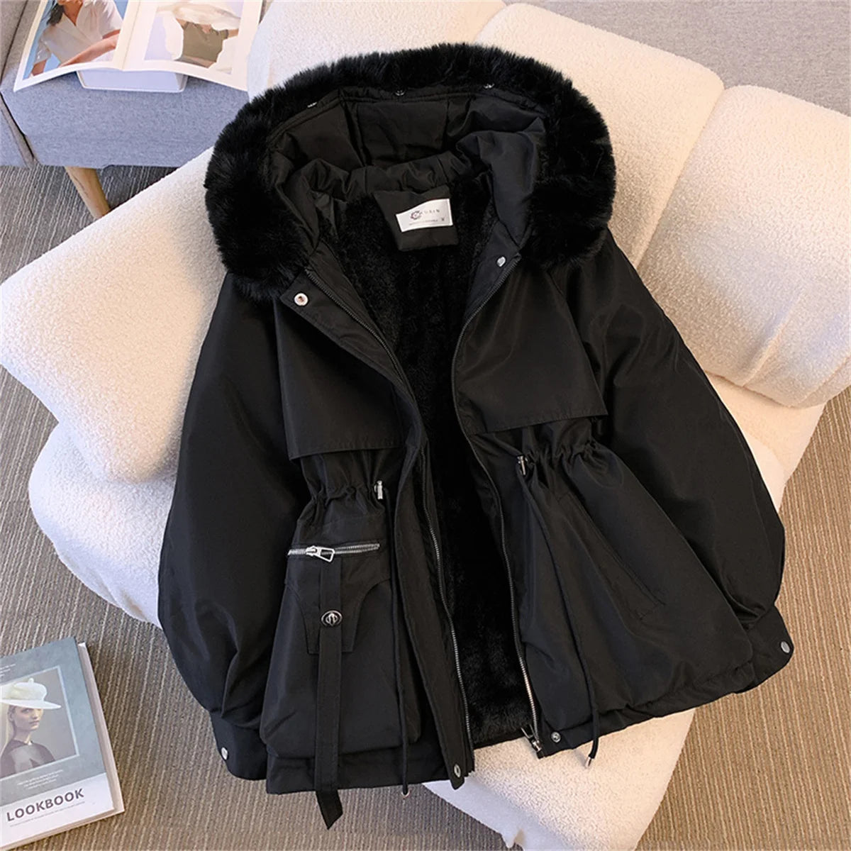 Women Autumn Winter Hooded Drawstring Padded Jacket Solid Casual Zip-Up Parka