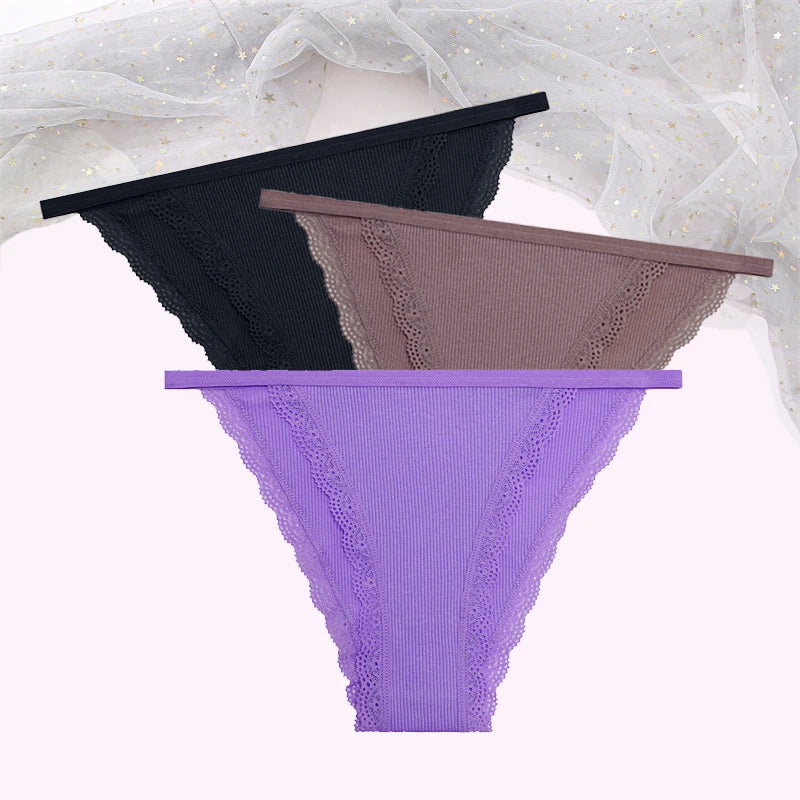 FINETOO Women's Cotton Lace Panties 3PCS Set S-XL Comfortable Soft Underwear Intimates