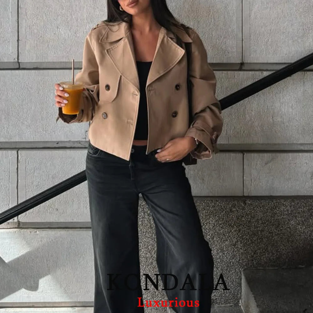 KONDALA Vintage Casual Chic Women’s Double-Breasted Turn-Down Collar Short Jacket 2025 Autumn